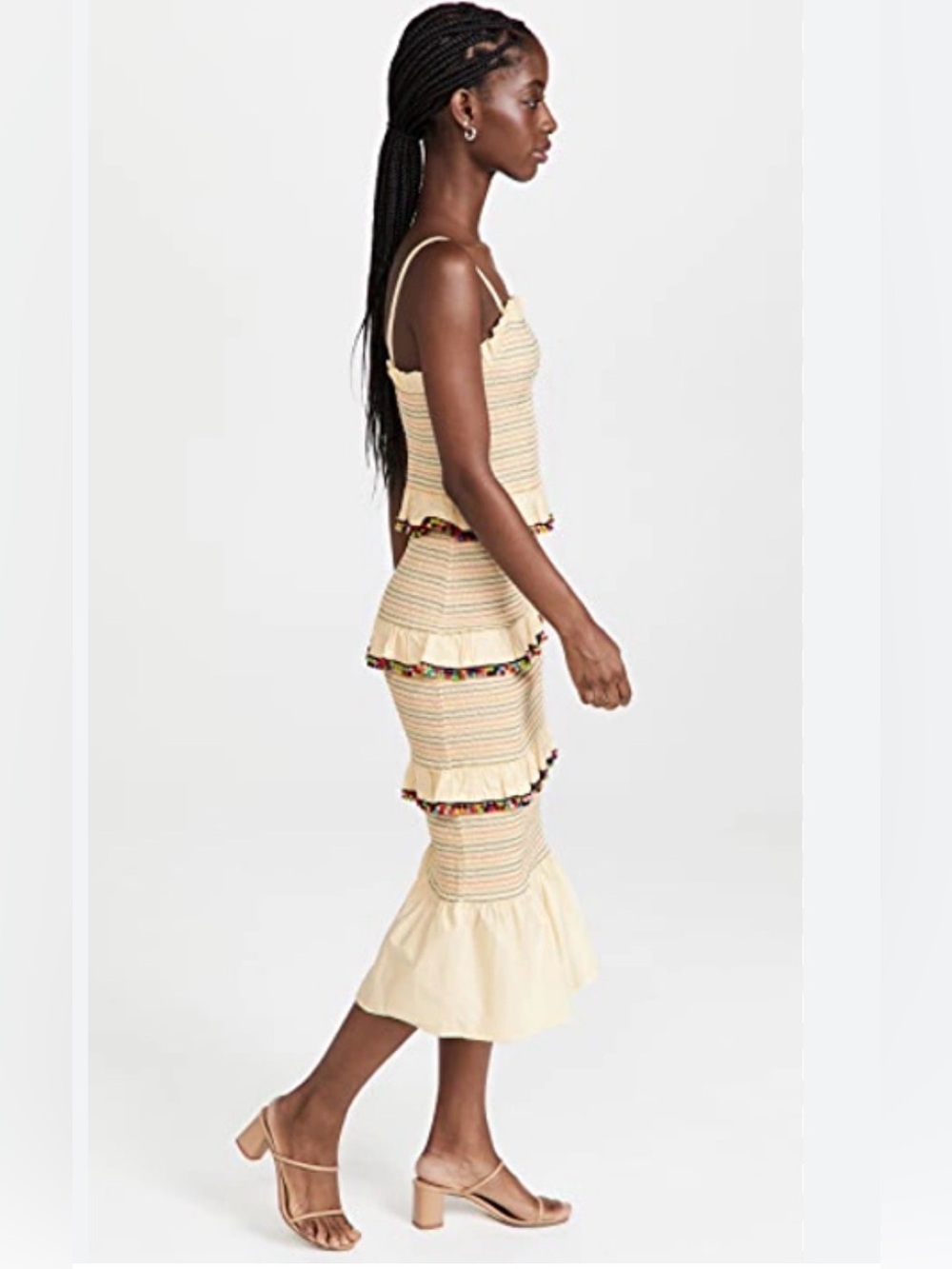 Never Fully Dressed Cream Tiered Smocked Midi Dress Pom Pom Trim Vacation Cotton